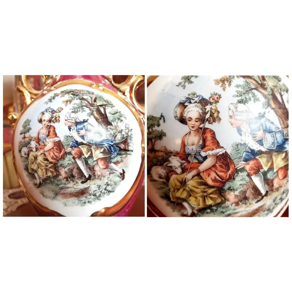 Pair of Vintage Pink Porcelain Victorian Courtship Scene Table Lamps - Gold trim